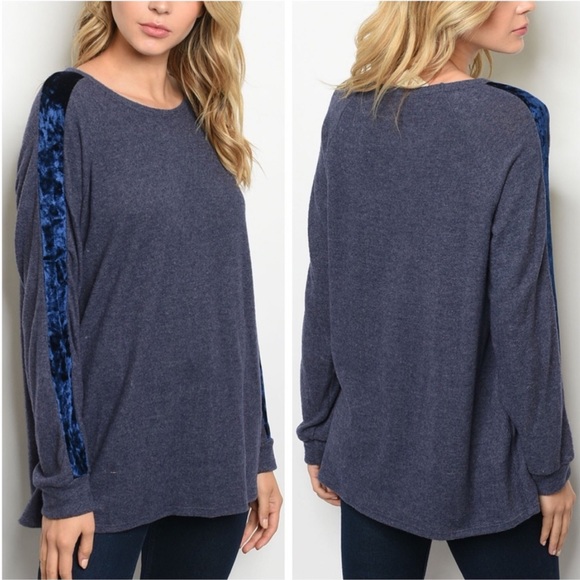 Blancheaux Boutique Tops - Navy blue long velvet detail sleeve top